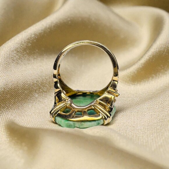 ANTIQUE- 14K Gold- Natural Nephrite Jade Ring -Size 5- Hand Carved - Art Nouveau - Picture 4 of 16